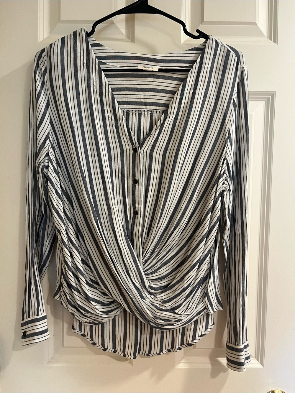 a.n.a Navy & White Striped Twist-Front Button Top
